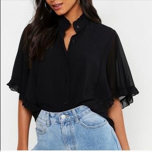 NWT 🔥 Boohoo Black Ruffle Sleeve Sheer Blouse